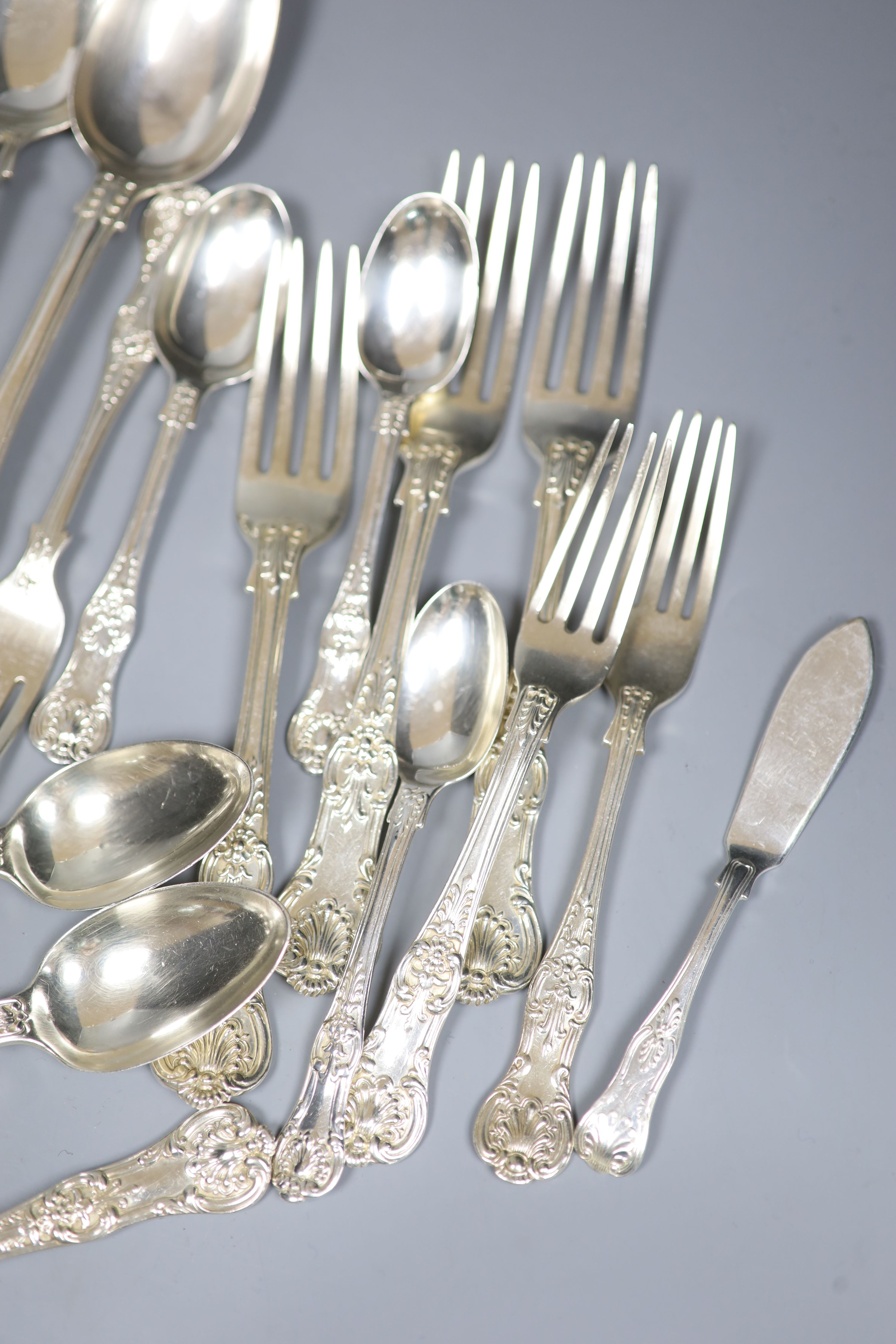 A matched 19th century and later Kings pattern part service of silver flatware, various dates and makers, approx 78oz.